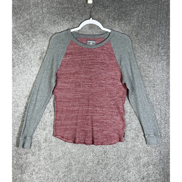 Express Other - Express Waffle Knit Shirt Mens Medium‎ Long Sleeve Crew Neck Red Gray Cotton
